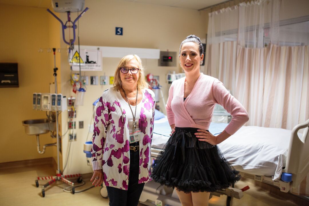 Dr. Cindy Hamielec stands next to Barbara Dolanjski in room in the ICU