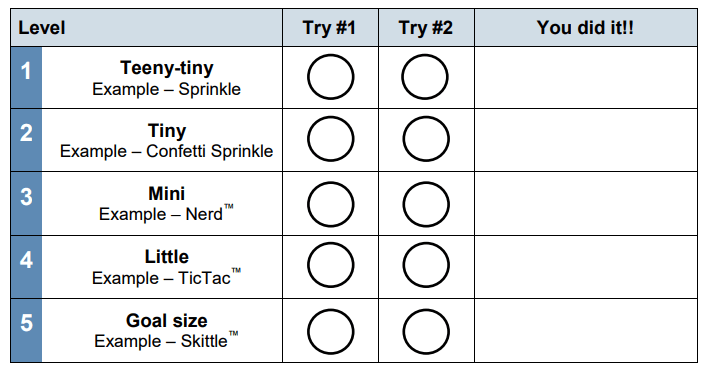 Tracking sheet for the "pill swallowing challenge game"