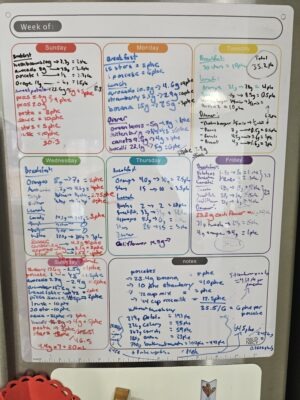 White board with daily meal planning and calculations